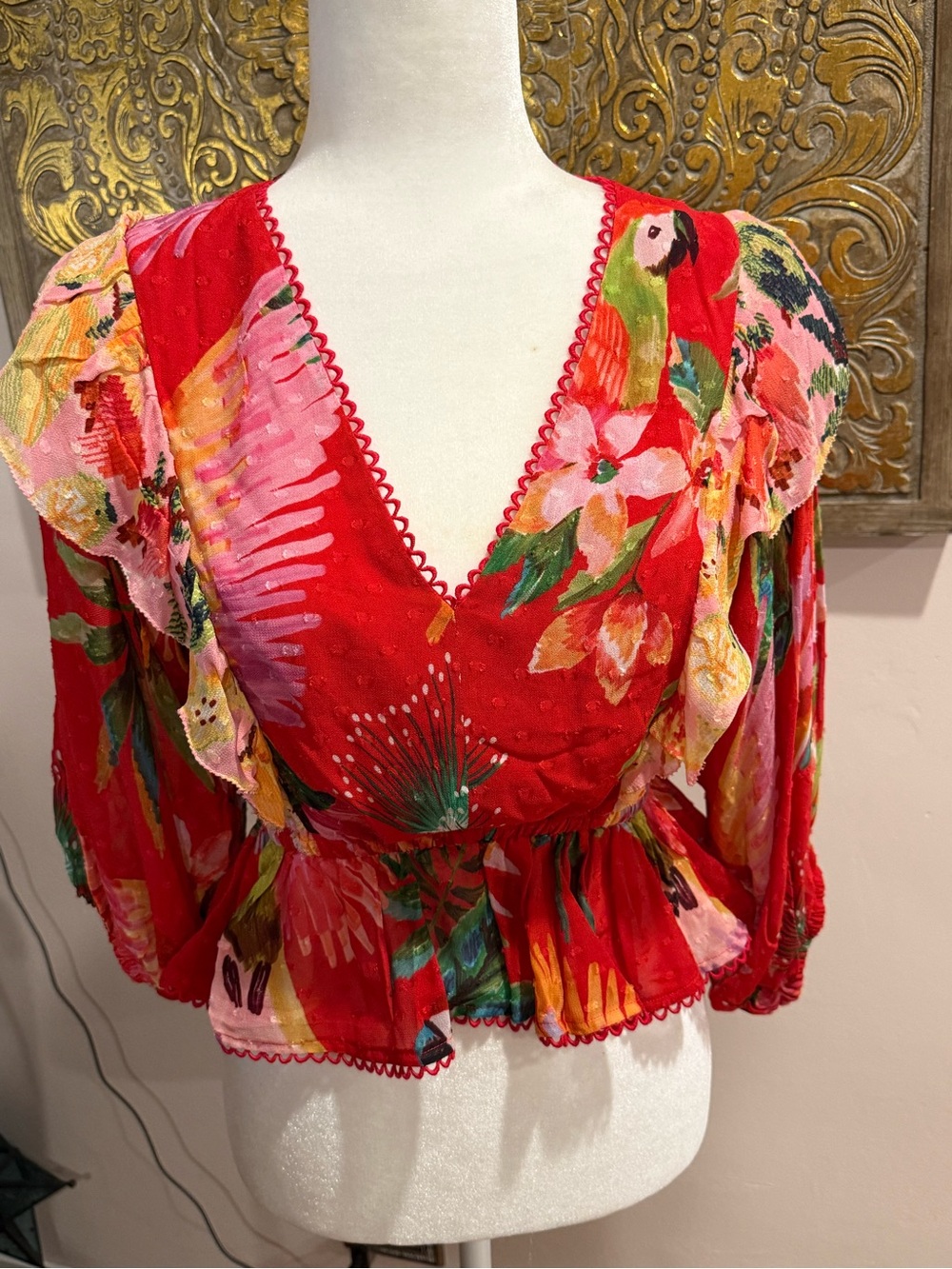 NWT Farm Rio Red Tropical Ruffle Blouse XS